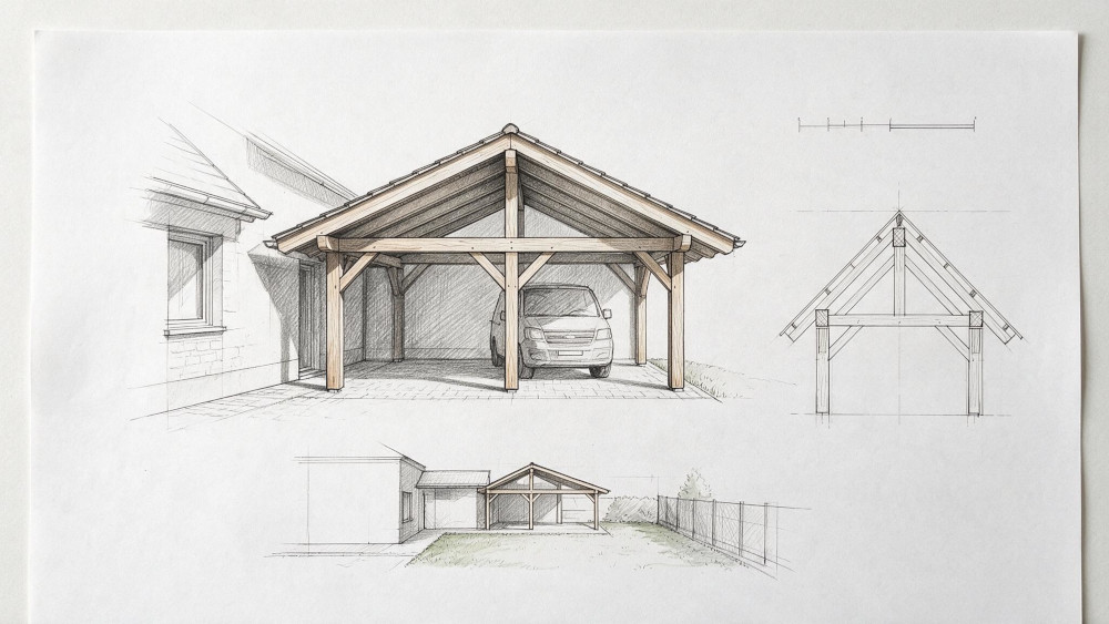 Croquis d'illustration d'un carport en bois en Alsace